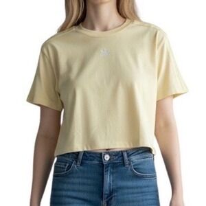 Adidas Originals Cropped T-Shirt Pale Yellow Trefoil Logo 3-Stripe Womens Small